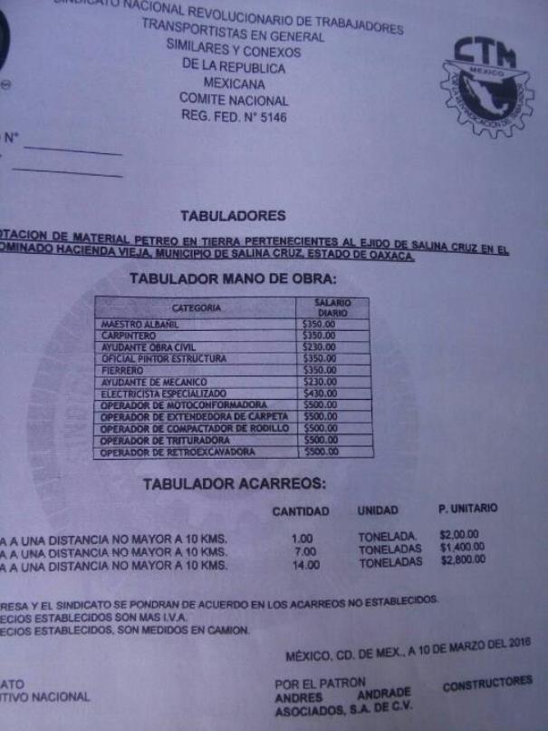 El tabulador, sin pedirle dinero a los obreros como en la CTM